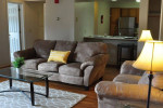Cozy living room in a pet-friendly apartment featuring a comfortable sofa and modern decor.