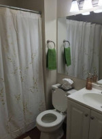 Bright bathroom with green towels, shower curtain, and modern fixtures in Stone Farm Apartments