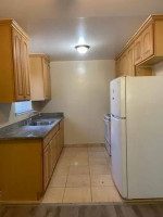 Renovated kitchen in a spacious studio apartment with modern features and natural light.
