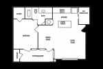 Floor plan of a stylish apartment layout featuring a bedroom, living room, kitchen, and patio.