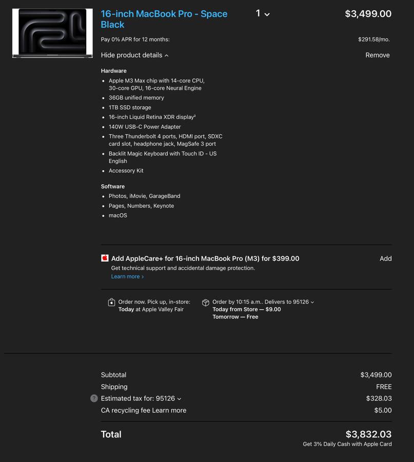 16" Macbook Pro M3 Max 14 CPU 30 GPU 36GB Memory 1TB SSD Space Black