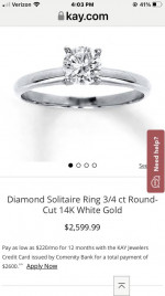 Kays .70 carat round diamond solitaire engagement ring. 14K white gold