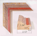 Antique gold picture frame on grey pink background with red stripe in classic style. 2.13" wide x 1.34" high.