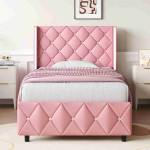 HOMBCK King Bed Frame with Headboard, Upholstered Platform Bed with Wingback Design, Modern Diamond Bed Frame with Tufted Deep Button, No Box Spring Needed, Easy Assembly, Pink