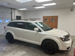 2014 Dodge Journey R/T FWD in Pearl White, featuring black wheels, spacious interior, and advanced tech.