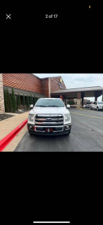 Front view of a well-maintained 2017 Ford F150 King Ranch Supercab with off-road tires.