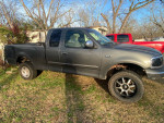 2002 Ford F150 truck with a small lift, needs repairs, parked on grass with panther rims.