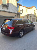 2014 Honda Odyssey EXL in maroon color parked in residential area, showing sleek design and aluminum wheels.