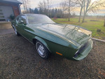 1973 Ford Mustang Grande in green, parked outdoors, showcasing classic design and original features.