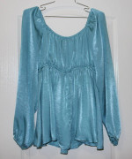NEW! Gorgeous SIZE SMALL Teal Blue Satinteen Baby Doll Peasant Blouse