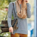 CAbi Tunic Top Tee T-shirt Size Medium Navy Tan Striped #3228 Ernest