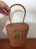 Vintage Rattan Basket Asian Design Purse with Brass Hardware